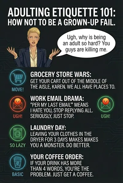 Ms. Manners comic strip about the humorous struggles of navigating adulthood in the digital age