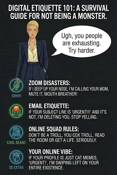 A comic panel by Ms. Manners regarding digital life, internet culture, and social media habits