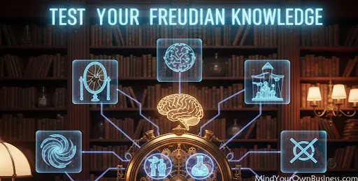 An illustration for a quiz on Sigmund Freud's 7 defense mechanisms.