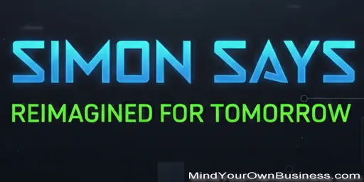 A futuristic Simon Says memory game with glowing neon-colored buttons in a sleek, high-tech interface