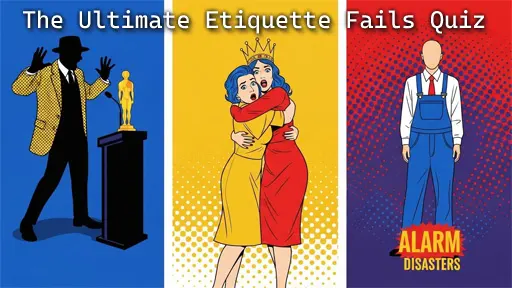 Pop art illustration showing comic silhouettes of famous social blunders like interrupting speeches and breaking royal protocol