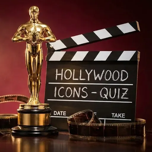 A golden movie award statuette standing on a red carpet background surrounded by paparazzi flashbulbs