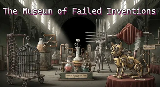 A shadowy Victorian hall showcasing humanity's most embarrassing mechanical failures and absurd patents.