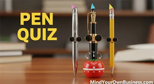 Timed pen trivia quiz about writing instruments and ink types