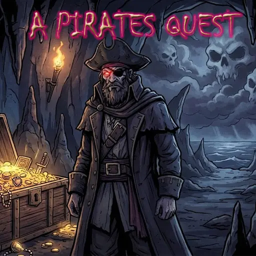 An open treasure chest overflowing with gold doubloons glowing in a dark, mysterious cave