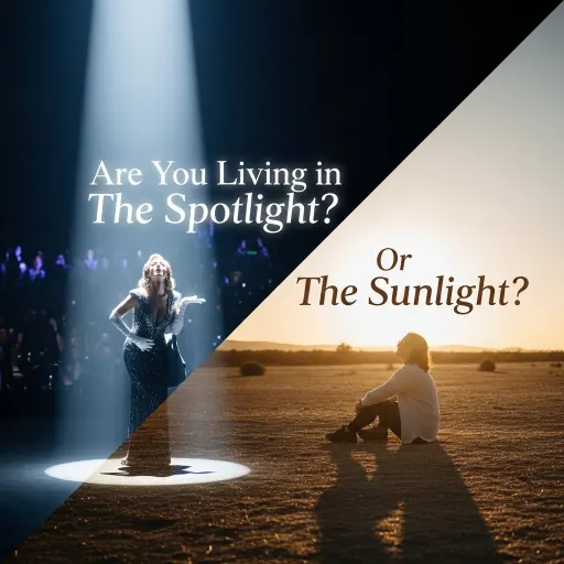 A high-contrast split-screen image: the left side shows a dramatic purple neon spotlight in a dark room, while the right side shows a bright, sun-drenched wildflower field at golden hour